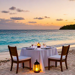 Caribbean Holidays, Cuba in February, Romantic luxury dinner beside a Cuban beach at sunset, elegant table setting, soft lantern light and calm turquoise sea