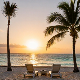 Caribbean Holidays, Cuba in February, Romantic sunset over a Cuban beach with two sun loungers, palm trees and calm turquoise water
