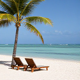 Caribbean Holidays, Cuba in February, Romantic white-sand Cuban beach with two sun loungers, calm turquoise water and palm trees
