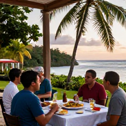 Caribbean Holidays, Cuba in February, Travellers enjoying an outdoor Cuban meal near a nature reserve, with tropical scenery and warm evening light