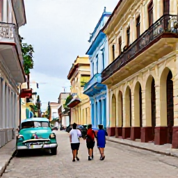 Caribbean Holidays, Cuba in January, A Cuban family walking through a colourful colonial street in Havana, with classic cars and historic buildings
