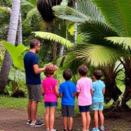 Caribbean Holidays, Cuba in January, A family visiting a lush Cuban nature reserve with palm trees, tropical plants and a guide showing local wildlife