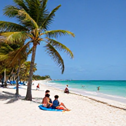 Caribbean Holidays, Cuba in January, A sunny Cuban beach with families relaxing beside turquoise water, palm trees and soft white sand in January