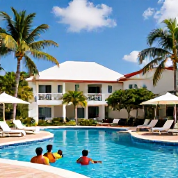 Caribbean Holidays, Cuba in January, A welcoming Cuban family hotel with a swimming pool, palm trees and parents and children enjoying a relaxed holiday