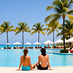 Caribbean Holidays, Cuba in January, Couple relaxing beside an all-inclusive resort pool in Varadero, Cuba, with palm trees and bright January sunshine