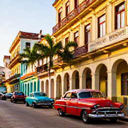 Caribbean Holidays, Cuba in July, Colourful classic American cars on a Havana street beside colonial buildings, with palm trees and warm afternoon light
