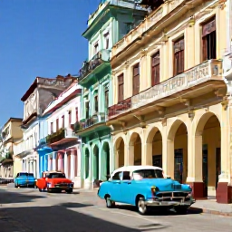 Caribbean Holidays, Cuba in July, Colourful Havana street scene in July with classic American cars, colonial buildings and local people enjoying the sunshine