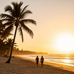 Caribbean Holidays, Cuba in July, Couple walking along a quiet Cuban beach at sunset with palm trees, gentle waves and warm golden light