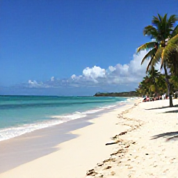 Caribbean Holidays, Cuba in July, Quiet Cuban beach in July with turquoise water, white sand, palm trees and a few relaxed travellers