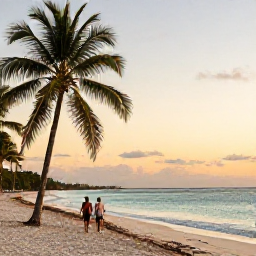 Caribbean Holidays, Cuba in June, A couple walking along a quiet Cuban beach at sunset with palm trees, warm golden light and calm turquoise water