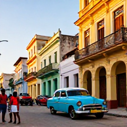 Caribbean Holidays, Cuba in June, A lively Cuban street in Havana during June, with colourful colonial buildings, classic American cars and local people enjoying the warm evening