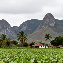 Caribbean Holidays, Cuba in June, A peaceful June landscape in the Vi&ntilde;ales Valley, with limestone hills, tobacco fields, palm trees and a small rural farmhouse