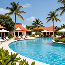 Caribbean Holidays, Cuba in June, Guests relaxing beside a large swimming pool at an all-inclusive Cuban resort, with tropical gardens and palm trees