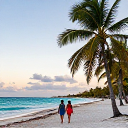 Caribbean Holidays, Cuba in March, Couple walking hand in hand along a quiet Cuban beach at sunrise, palm trees and turquoise Caribbean water