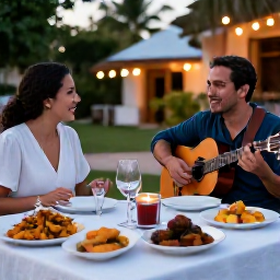 Caribbean Holidays, Cuba in March, Romantic Cuban dinner outdoors with local dishes, soft evening lights and live guitar music
