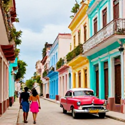 Caribbean Holidays, Cuba in March, Romantic old Havana street with colourful colonial buildings, a vintage American car and a couple exploring on foot
