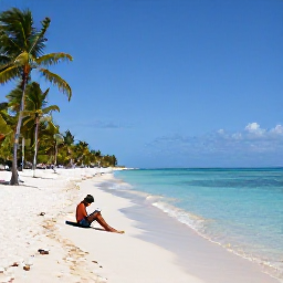 Caribbean Holidays, Cuba in May, Cuban beach in May with clear turquoise water, white sand, palm trees and a relaxed traveller reading near the shore