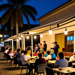 Caribbean Holidays, Cuba in May, Relaxed Cuban evening in May with outdoor dining, live music, warm lights, palm trees and visitors enjoying Havana nightlife