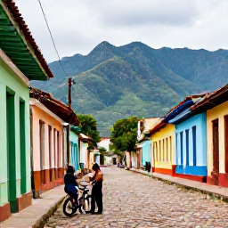 Caribbean Holidays, Cuba in May, Trinidad Cuba cobbled street in May, colourful colonial houses, bicycles, musicians and the green Escambray Mountains in the background