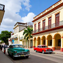 Caribbean Holidays, Cuba in May, Warm Havana street scene in May, colourful classic American cars, colonial buildings, palm trees and local people enjoying the city