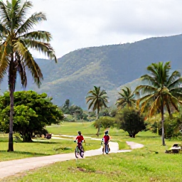 Caribbean Holidays, Cuba in November, A couple cycling through a lush Cuban valley with palm trees and distant mountains under a bright sky