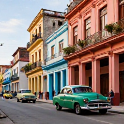 Caribbean Holidays, Cuba in November, A lively Havana street in November with colourful classic cars, colonial buildings, local people and warm late-afternoon light