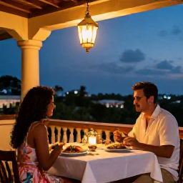 Caribbean Holidays, Cuba in November, A romantic Cuban dinner for two on a terrace with warm lantern light, local dishes and evening sky