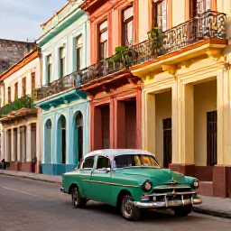 Caribbean Holidays, Cuba in November, Colourful colonial street in Havana, Cuba, with vintage American car, balconies and warm afternoon light