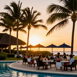 Caribbean Holidays, Cuba in November, Cuban all-inclusive resort at sunset with palm trees, outdoor dining and guests relaxing by a pool