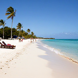 Caribbean Holidays, Cuba in November, Wide white-sand beach in Varadero, Cuba, with clear shallow Caribbean water and sun loungers