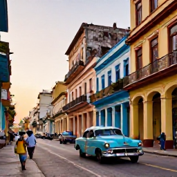 Caribbean Holidays, Cuba in October, Colourful colonial streets of Havana in October, classic American cars, warm evening light and local people enjoying the city