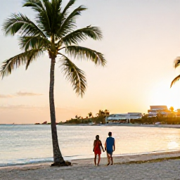 Caribbean Holidays, Cuba in October, Couple walking along a palm-fringed Cuban beach at sunset, with calm Caribbean sea and a welcoming resort in the background