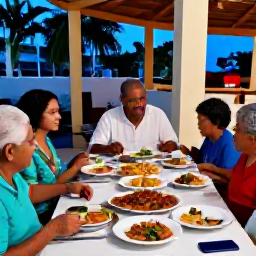 Caribbean Holidays, Cuba in October, Cuban family sharing traditional food at a welcoming restaurant table, colourful dishes, tropical ingredients and relaxed evening atmosphere