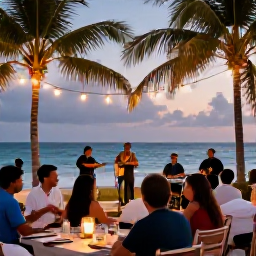 Caribbean Holidays, Cuba in October, Friendly Cuban resort evening with outdoor dining, soft lights, palm trees and live music beside the sea