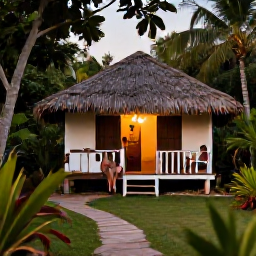 Caribbean Holidays, Cuba in October, Travellers relaxing at a small Cuban eco-lodge after a nature walk, with tropical gardens, local food and warm evening light