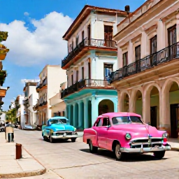 Caribbean Holidays, Cuba in September, Colourful classic American cars on a street in Old Havana, Cuba, with colonial buildings and lively local atmosphere