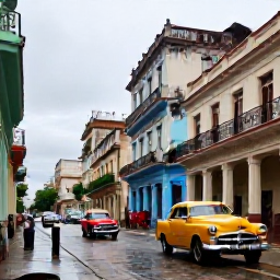 Caribbean Holidays, Cuba in September, Colourful vintage American cars and elegant colonial buildings on a lively Havana street after a brief tropical shower