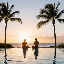 Caribbean Holidays, Cuba in September, Couple relaxing beside a palm-fringed Cuban resort pool at sunset, with warm light and a calm September holiday atmosphere