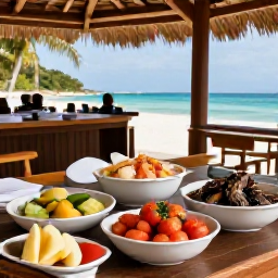 Caribbean Holidays, Cuba in September, Cuban all-inclusive resort buffet and outdoor dining terrace with fresh seafood, tropical fruit and relaxed holiday atmosphere