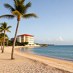Caribbean Holidays, Cuba in September, Elegant luxury hotel beside a calm Caribbean beach in Cuba, warm September sunshine, palm trees and inviting turquoise water
