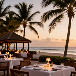Caribbean Holidays, Cuba in September, Sophisticated beachfront restaurant in Cuba at sunset, elegant table setting, tropical palms and warm evening light