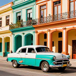 Caribbean Holidays, Cuba Instagram Hotspots, A classic turquoise and white vintage car driving past brightly painted colonial buildings in Havana, Cuba, in warm March sunshine