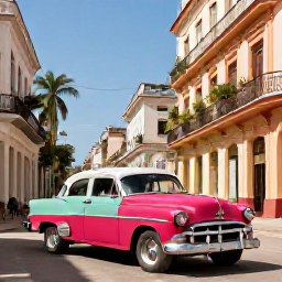 Caribbean Holidays, Cuba Instagram Hotspots, A colourful classic American car parked on a sunny Havana street surrounded by pastel colonial buildings and palm trees
