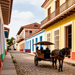 Caribbean Holidays, Cuba Instagram Hotspots, A colourful Cuban street in Trinidad with cobbled paving, bright colonial houses and a horse-drawn cart under warm sunshine