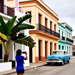 Caribbean Holidays, Cuba Instagram Hotspots, A friendly travel scene in Cuba with a visitor taking a photograph beside colourful buildings, tropical plants and a classic car