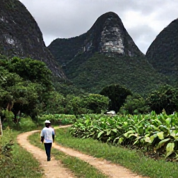 Caribbean Holidays, Cuba Instagram Hotspots, A lush tropical valley near Vi&ntilde;ales with dramatic limestone hills, tobacco fields and a farmer walking along a rural path