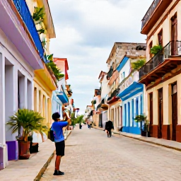 Caribbean Holidays, Cuba Instagram Hotspots, A relaxed Cuban travel scene with a visitor photographing colourful buildings, tropical plants and a lively street in Havana