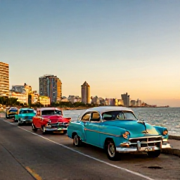 Caribbean Holidays, Cuba Instagram Hotspots, Classic 1950s American cars parked along the Malec&oacute;n sea wall in Havana at sunset, with the city skyline behind
