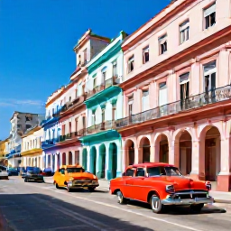 Caribbean Holidays, Cuba Instagram Hotspots, Colourful classic American cars and pastel colonial buildings on a sunny street in Havana, Cuba