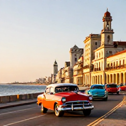Caribbean Holidays, Cuba Instagram Hotspots, Colourful classic American cars driving along the Malec&oacute;n in Havana at golden hour, with historic buildings and the sea